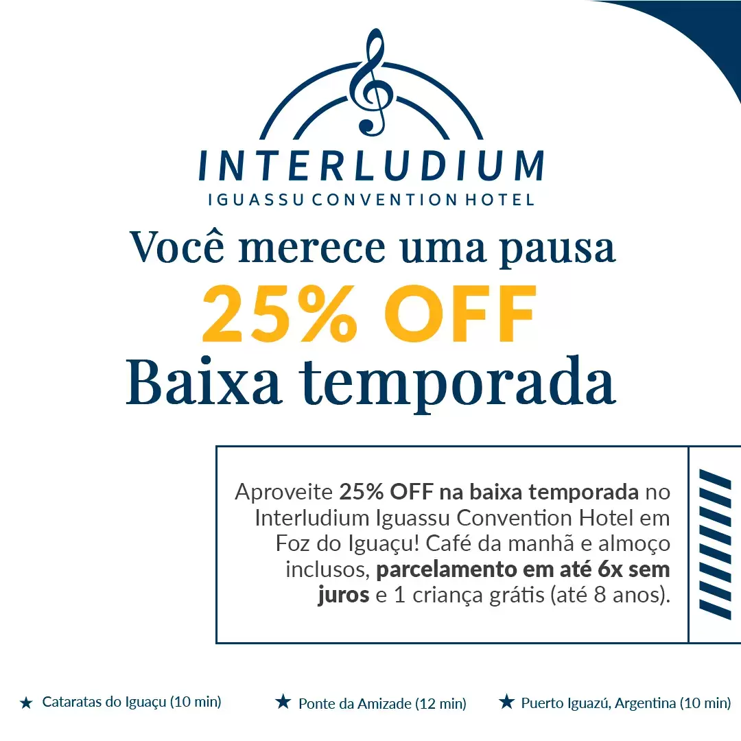 Imagem representativa Hospedagem com 25% OFF na Baixa Temporada em Foz do Iguaçu Imagem representativa Hospedagem com 25% OFF na Baixa Temporada em Foz do Iguaçu